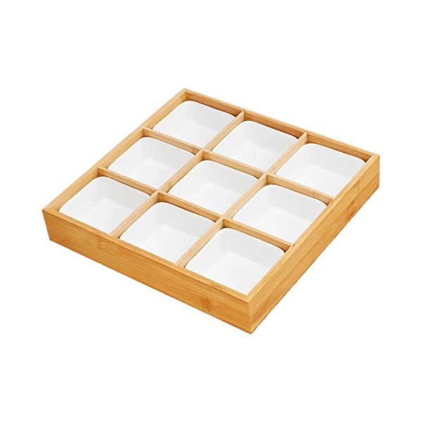 Maxbell Maxbell Bamboo Fruit Tray with Ceramic White Bowls Food Tray for Office Home Camping 30.5x30.5x5cm 9 compartments on Sale