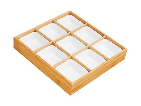 Maxbell Maxbell Bamboo Fruit Tray with Ceramic White Bowls Food Tray for Office Home Camping 30.5x30.5x5cm 9 compartments on Sale